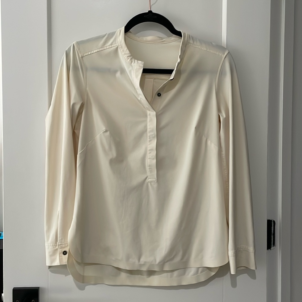 Cream colored Lululemon shirt with mandarin neckline